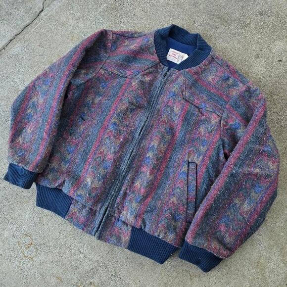 Vtg 70s SADDLE KING WESTERN Geometric Southwest All Over Print Bomber Jacket Lg - Picture 2 of 6